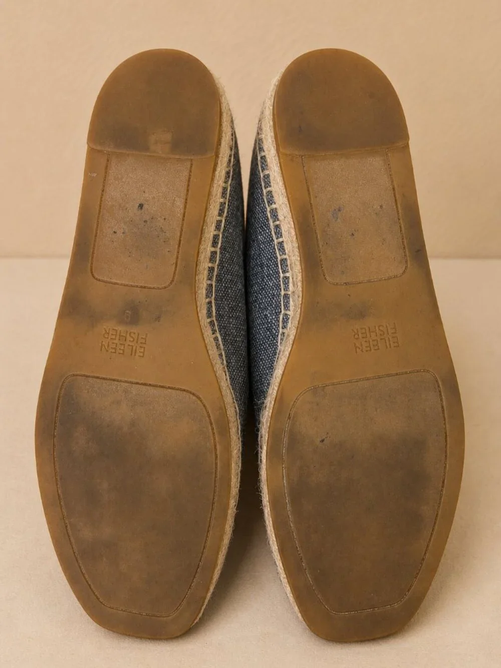 EILEEN FISHER Washed Blue Linen Espadrille Flats | Leather Footbed | Size 9